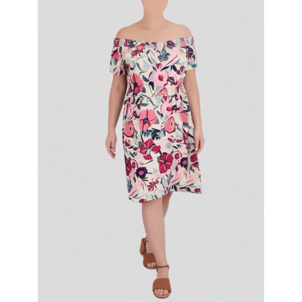 LOFT Womens Size Small Petite Off-Shoulder Dress Beige Floral Smocked Bohemian